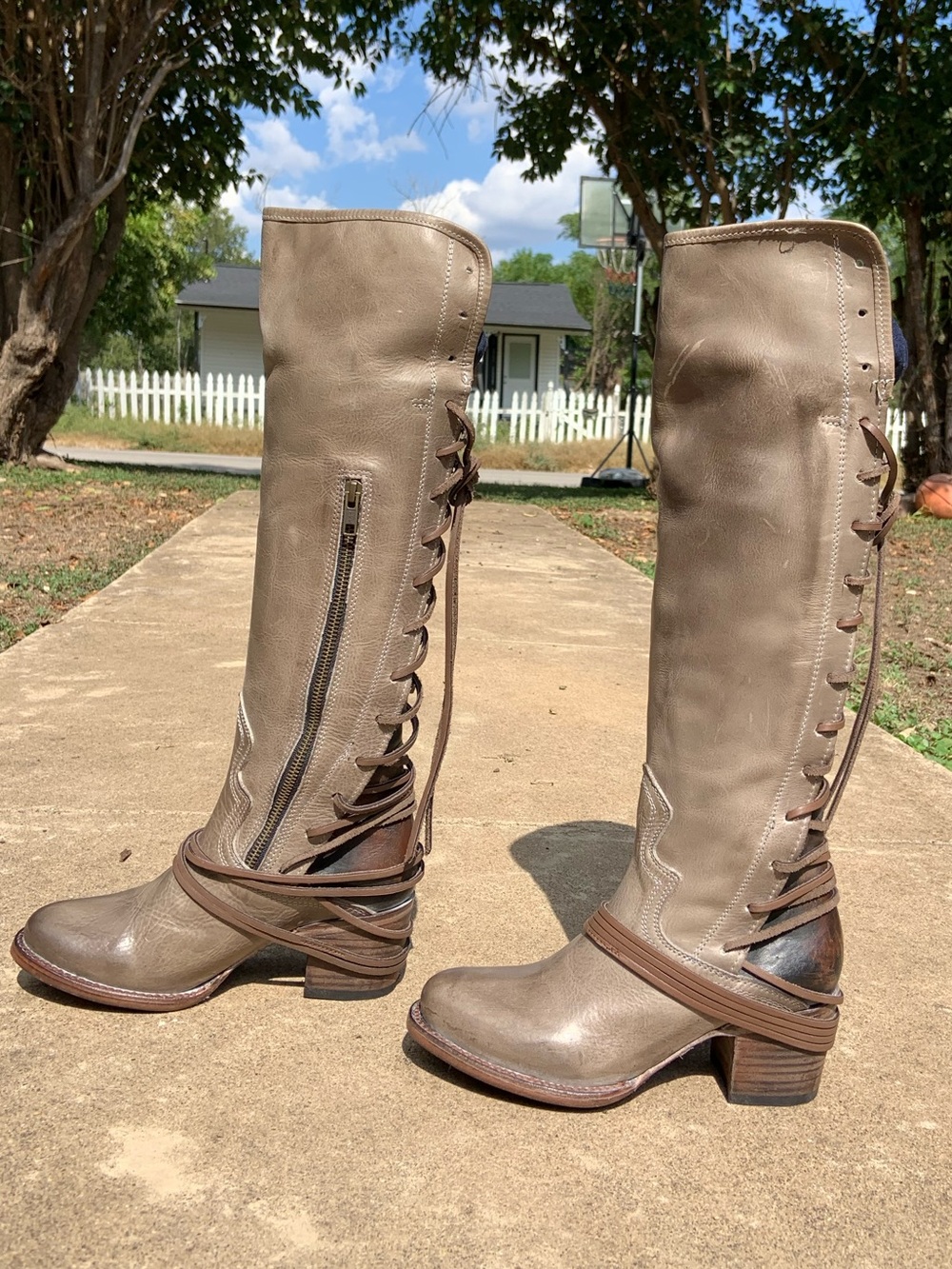 Freebird by Steven Taupe Lace-Up Knee-High Leather Boots